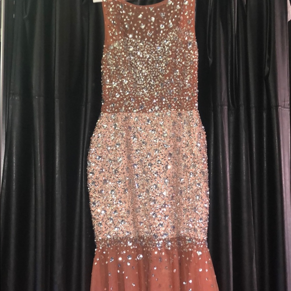 Lovely bejeweled long backless prom dress